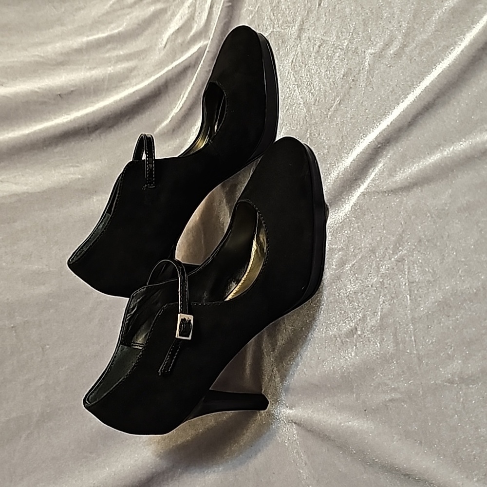 Alfani Vintage Suede Maryjane Platform Heels Shoes Pumps Patent Dress Sz 9M - Picture 2 of 10